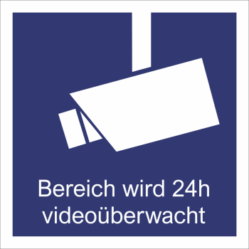 Hinweisschild Blau mit weißem Symbol und Schrift Bereich wird 24h videoüberwacht
